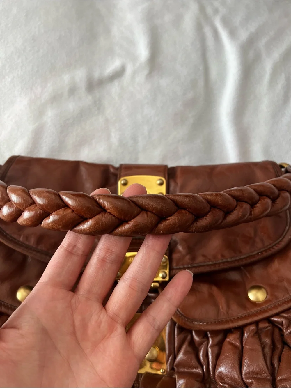 Miu Miu Cognac Braided-Handle Hobo with Gold Hardware
